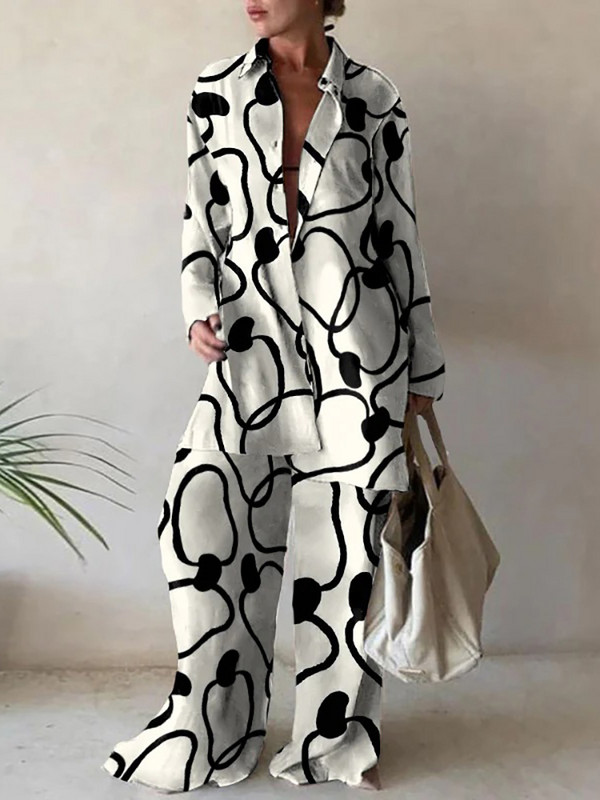 Ženski ležerni komplet dugih rukava s dugmadima i ovratnikom Labavi ležerni dvodijelni komplet Ženska ulična odjeća s dugim hlačama s printom