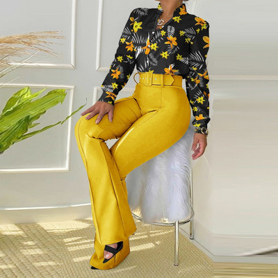 Naiste kaelusega topid Pikad püksid Sobiv ülikond Naiste avara mustriga laia säärega pükste komplekt Tänavarõivad Vabaaja retropükste komplektid