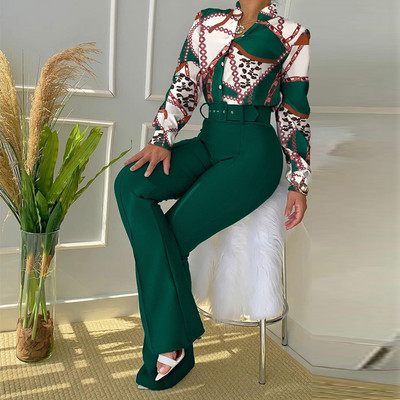 Naiste kaelusega topid Pikad püksid Sobiv ülikond Naiste avara mustriga laia säärega pükste komplekt Tänavarõivad Vabaaja retropükste komplektid