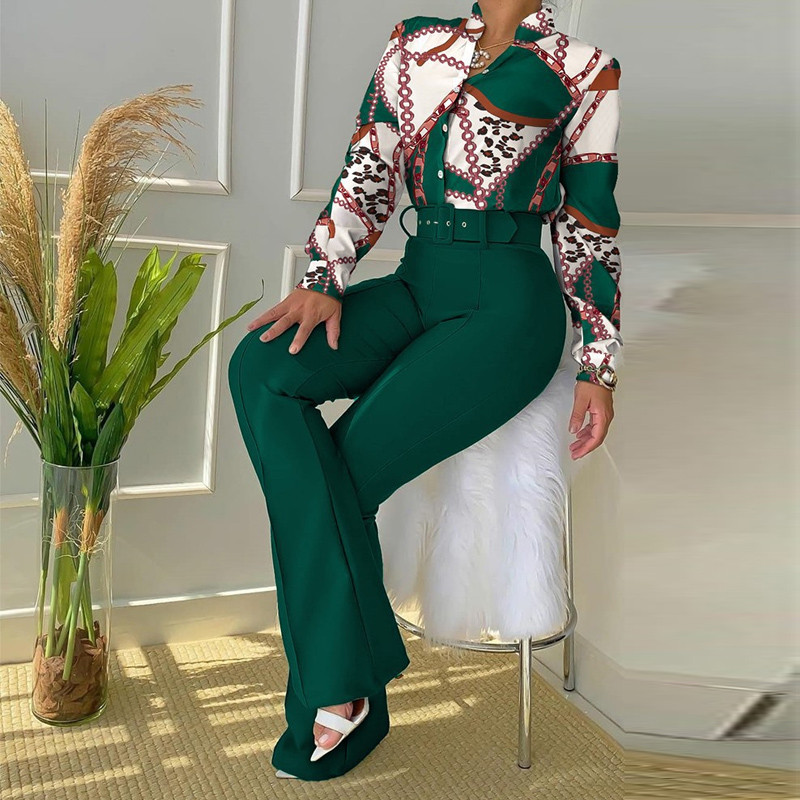 Naiste kaelusega topid Pikad püksid Sobiv ülikond Naiste avara mustriga laia säärega pükste komplekt Tänavarõivad Vabaaja retropükste komplektid