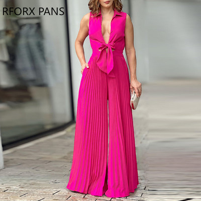 Κομψή γυναικεία φόρμα εργασίας με μονόχρωμο γιακά με κορδόνι φιόγκο με πλισέ αμάνικη φόρμα εργασίας