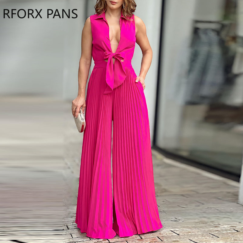 Κομψή γυναικεία φόρμα εργασίας με μονόχρωμο γιακά με κορδόνι φιόγκο με πλισέ αμάνικη φόρμα εργασίας