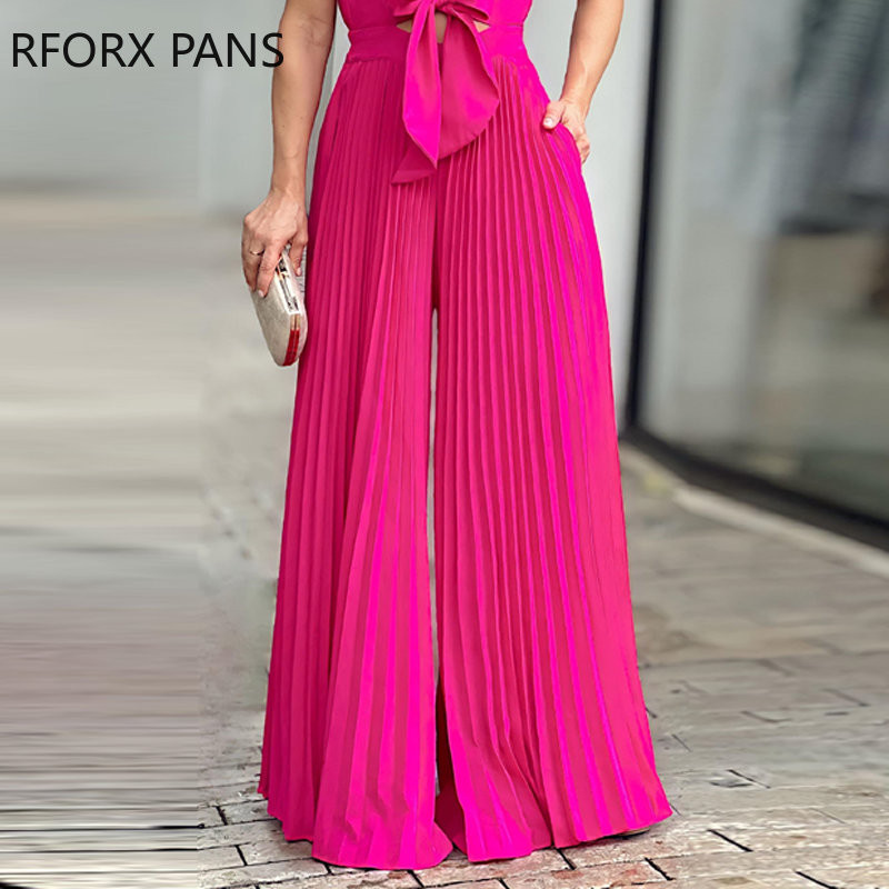 Κομψή γυναικεία φόρμα εργασίας με μονόχρωμο γιακά με κορδόνι φιόγκο με πλισέ αμάνικη φόρμα εργασίας