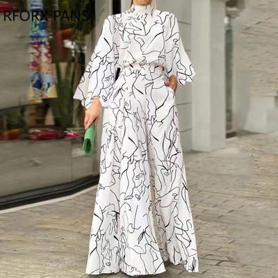 Naiste šikk, laiade varrukatega pikkade varrukatega ja laia jalaga töötav sirge kombine