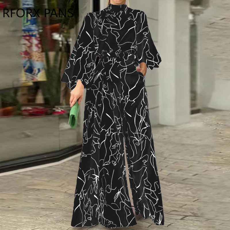 Naiste šikk, laiade varrukatega pikkade varrukatega ja laia jalaga töötav sirge kombine