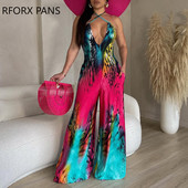 2023 Γυναικείες κομψές ολόσωμες στάμπες Halter Criss Cross Αμάνικο V λαιμόκοψη Σέξι ίσια φόρμες