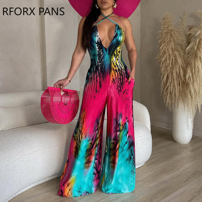 2023 Γυναικείες κομψές ολόσωμες στάμπες Halter Criss Cross Αμάνικο V λαιμόκοψη Σέξι ίσια φόρμες