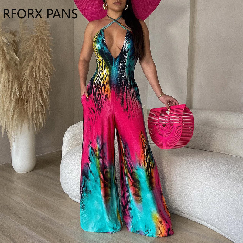 2023 Γυναικείες κομψές ολόσωμες στάμπες Halter Criss Cross Αμάνικο V λαιμόκοψη Σέξι ίσια φόρμες