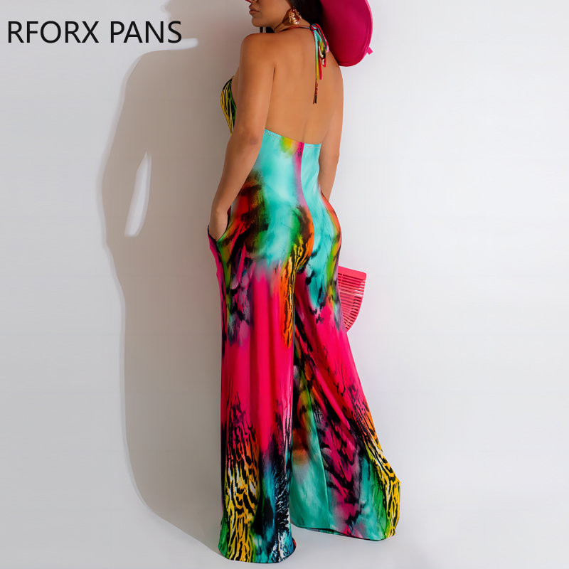 2023 Γυναικείες κομψές ολόσωμες στάμπες Halter Criss Cross Αμάνικο V λαιμόκοψη Σέξι ίσια φόρμες