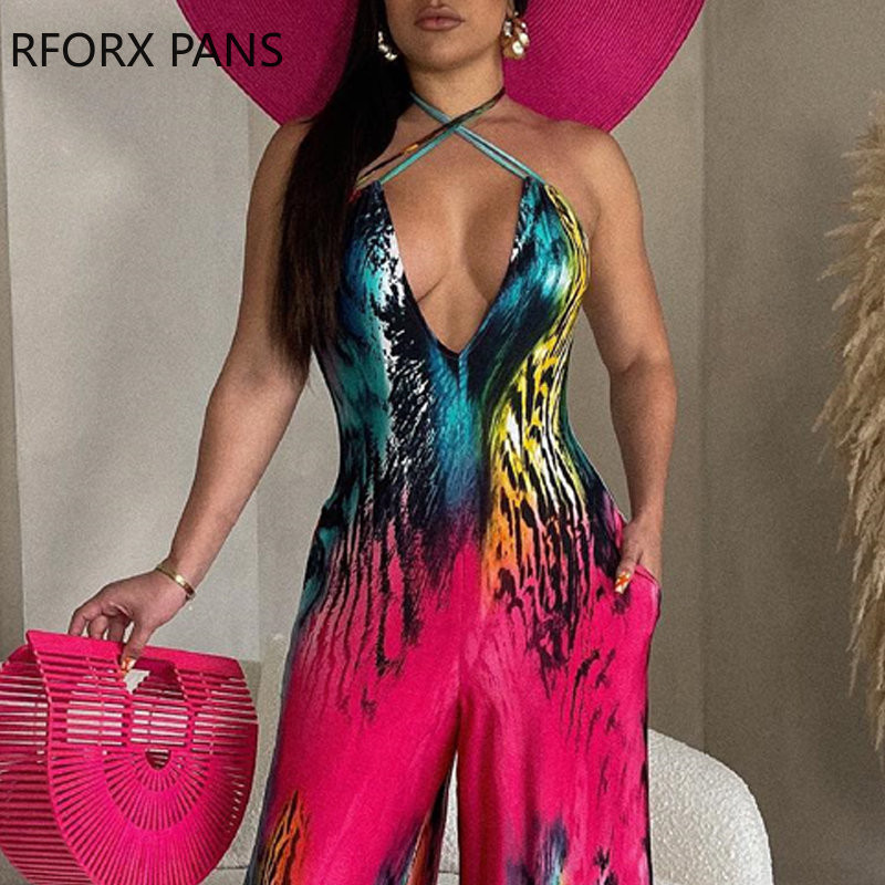 2023 Γυναικείες κομψές ολόσωμες στάμπες Halter Criss Cross Αμάνικο V λαιμόκοψη Σέξι ίσια φόρμες