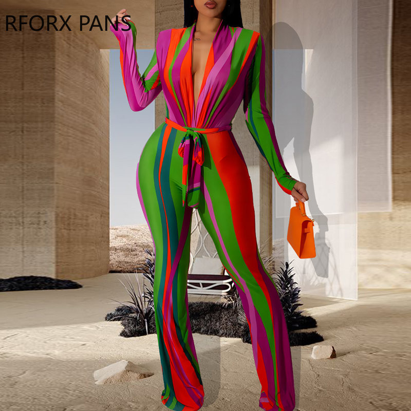 2023. aasta naiste elegantne kogu mustriga V-kaelusega pikad varrukad ja vöökombine Seksikas kombinesoon