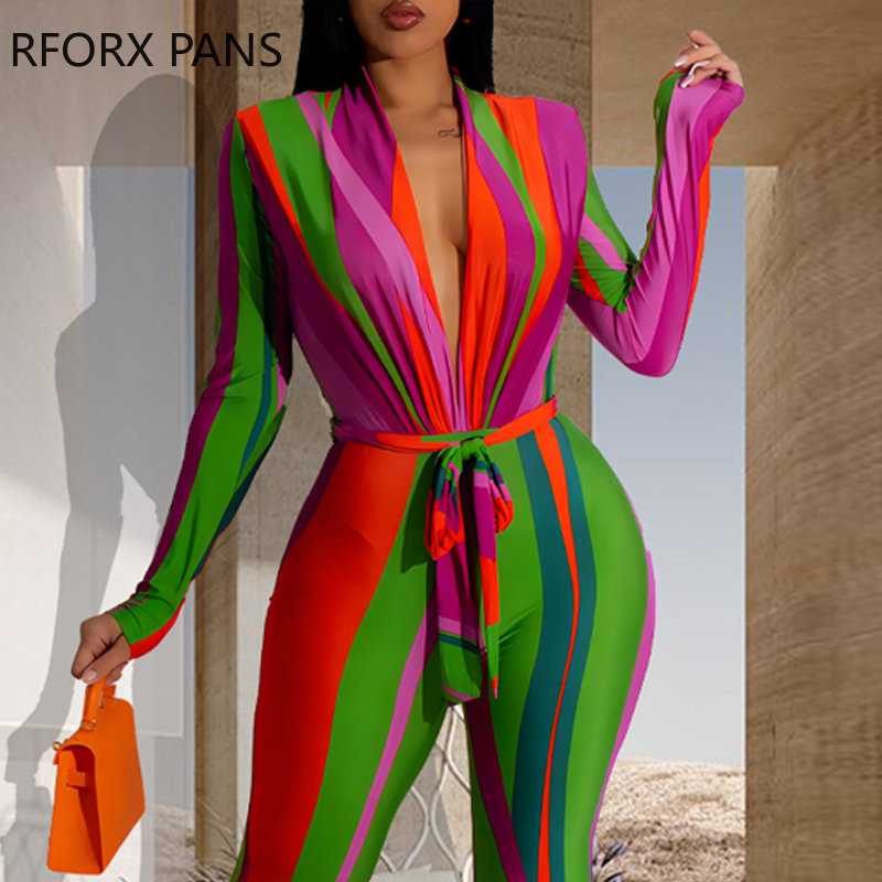 2023. aasta naiste elegantne kogu mustriga V-kaelusega pikad varrukad ja vöökombine Seksikas kombinesoon