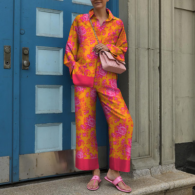 Naiste vabaajakirjaga pikad püksid, kaheosaline komplekt Streetwear täisvarrukatega särgid ja püksid, elegantne kontoripüksid, 2tk ülikond