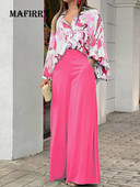 Proljeće jesen Elegantne ženske kombinacije širokih hlača s printom Ležerne duge hlače Odgovarajući komplet ulične odjeće Topovi s V izrezom i odijelo