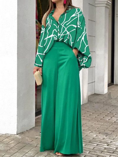 Proljeće jesen Elegantne ženske kombinacije širokih hlača s printom Ležerne duge hlače Odgovarajući komplet ulične odjeće Topovi s V izrezom i odijelo