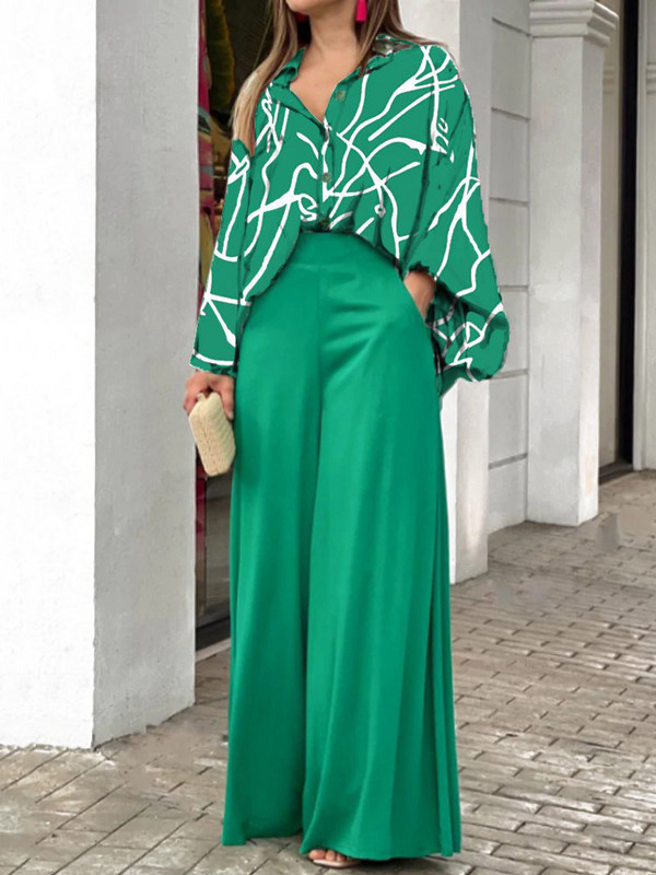 Proljeće jesen Elegantne ženske kombinacije širokih hlača s printom Ležerne duge hlače Odgovarajući komplet ulične odjeće Topovi s V izrezom i odijelo