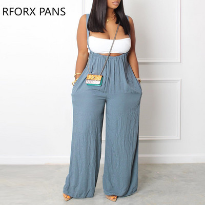 Ženski traper kombinezon sa širokim nogavicama i debelim remenom, jednobojni pastelni dekor