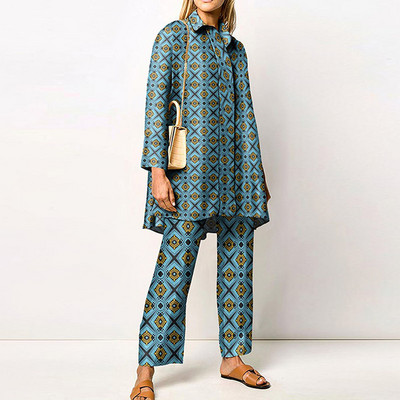 Γυναικείες μπλούζες με γιακά με στάμπα με φαρδύ κοστούμι παντελονιού Φαρδύ μακρυμάνικο κοστούμι παντελόνι 2023 Άνοιξη φθινόπωρο Casual σετ δύο τεμαχίων