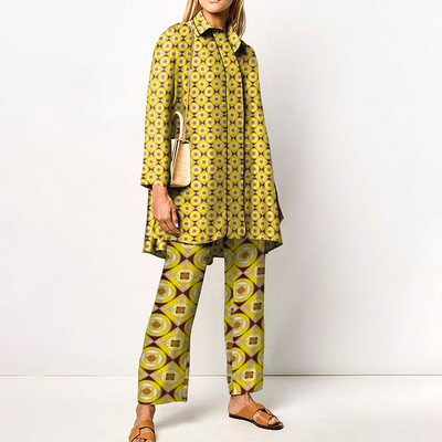 Γυναικείες μπλούζες με γιακά με στάμπα με φαρδύ κοστούμι παντελονιού Φαρδύ μακρυμάνικο κοστούμι παντελόνι 2023 Άνοιξη φθινόπωρο Casual σετ δύο τεμαχίων