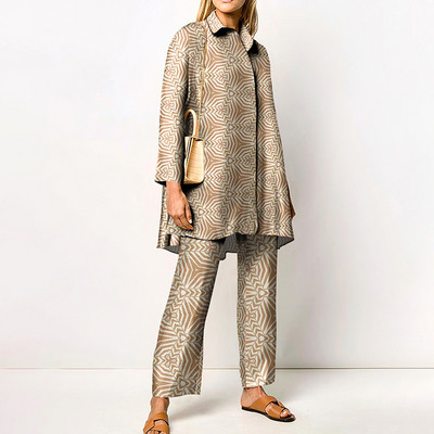 Γυναικείες μπλούζες με γιακά με στάμπα με φαρδύ κοστούμι παντελονιού Φαρδύ μακρυμάνικο κοστούμι παντελόνι 2023 Άνοιξη φθινόπωρο Casual σετ δύο τεμαχίων