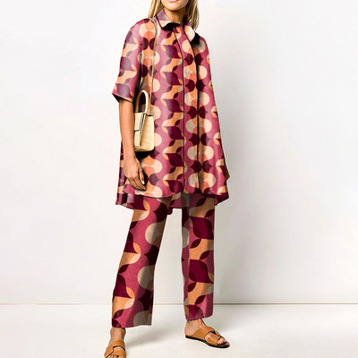 Γυναικείες μπλούζες με γιακά με στάμπα με φαρδύ κοστούμι παντελονιού Φαρδύ μακρυμάνικο κοστούμι παντελόνι 2023 Άνοιξη φθινόπωρο Casual σετ δύο τεμαχίων