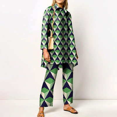 Γυναικείες μπλούζες με γιακά με στάμπα με φαρδύ κοστούμι παντελονιού Φαρδύ μακρυμάνικο κοστούμι παντελόνι 2023 Άνοιξη φθινόπωρο Casual σετ δύο τεμαχίων