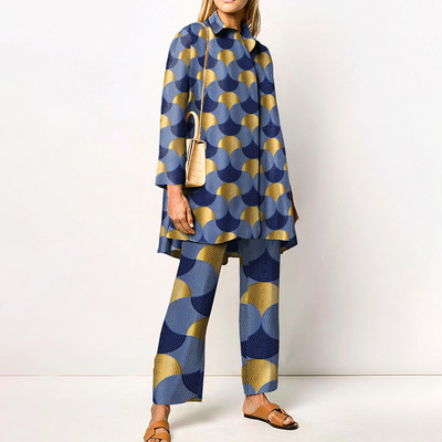 Γυναικείες μπλούζες με γιακά με στάμπα με φαρδύ κοστούμι παντελονιού Φαρδύ μακρυμάνικο κοστούμι παντελόνι 2023 Άνοιξη φθινόπωρο Casual σετ δύο τεμαχίων