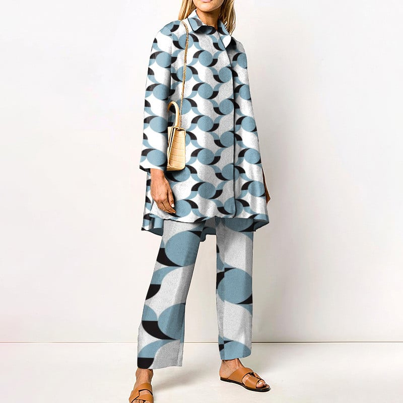 Γυναικείες μπλούζες με γιακά με στάμπα με φαρδύ κοστούμι παντελονιού Φαρδύ μακρυμάνικο κοστούμι παντελόνι 2023 Άνοιξη φθινόπωρο Casual σετ δύο τεμαχίων