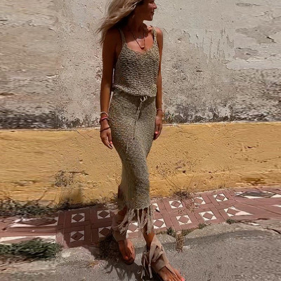 Tutt-seelikud, varrukateta topsid, kaheosaline komplekt Naiste rannastiilis õõnsad õhukese seelikuga rõivad Naistele tugeva õhukese seelikuga sobiv ülikond