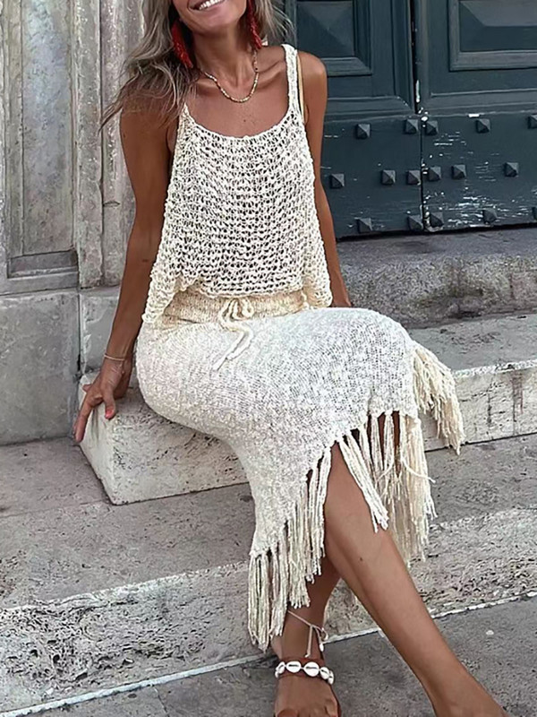 Tutt-seelikud, varrukateta topsid, kaheosaline komplekt Naiste rannastiilis õõnsad õhukese seelikuga rõivad Naistele tugeva õhukese seelikuga sobiv ülikond