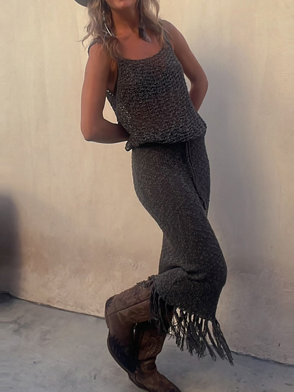 Tutt-seelikud, varrukateta topsid, kaheosaline komplekt Naiste rannastiilis õõnsad õhukese seelikuga rõivad Naistele tugeva õhukese seelikuga sobiv ülikond