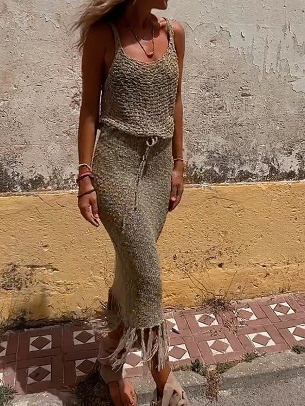 Tutt-seelikud, varrukateta topsid, kaheosaline komplekt Naiste rannastiilis õõnsad õhukese seelikuga rõivad Naistele tugeva õhukese seelikuga sobiv ülikond