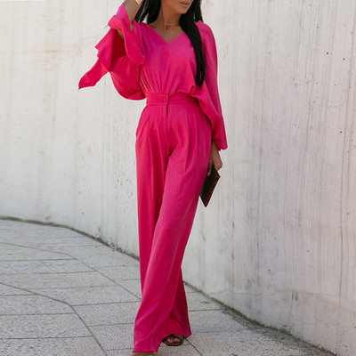 Elegantne lady Streetwear pikad püksid, kaheosaline komplekt naiste pluus ja laia säärega püksid, soliidne ülikond kevadsügis avar vaba vabaaja dressiülikond