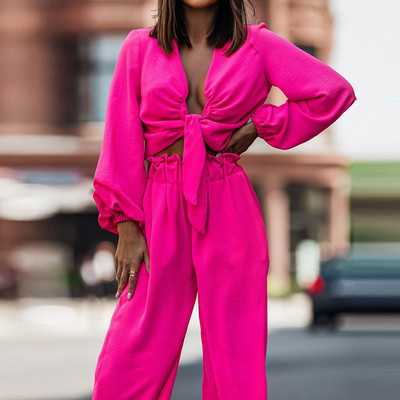 Elegantne lady Streetwear pikad püksid, kaheosaline komplekt naiste pluus ja laia säärega püksid, soliidne ülikond kevadsügis avar vaba vabaaja dressiülikond