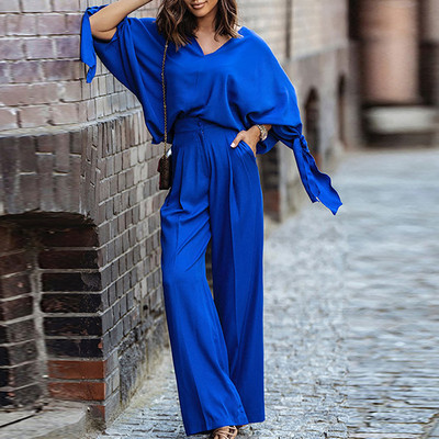 Elegantne lady Streetwear pikad püksid, kaheosaline komplekt naiste pluus ja laia säärega püksid, soliidne ülikond kevadsügis avar vaba vabaaja dressiülikond