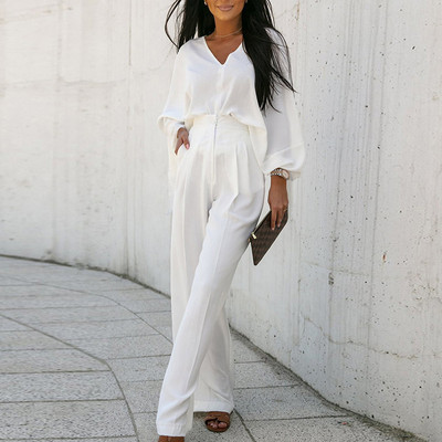 Elegantne lady Streetwear pikad püksid, kaheosaline komplekt naiste pluus ja laia säärega püksid, soliidne ülikond kevadsügis avar vaba vabaaja dressiülikond