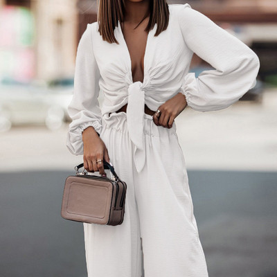 Elegantne lady Streetwear pikad püksid, kaheosaline komplekt naiste pluus ja laia säärega püksid, soliidne ülikond kevadsügis avar vaba vabaaja dressiülikond