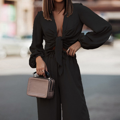 Elegantne lady Streetwear pikad püksid, kaheosaline komplekt naiste pluus ja laia säärega püksid, soliidne ülikond kevadsügis avar vaba vabaaja dressiülikond