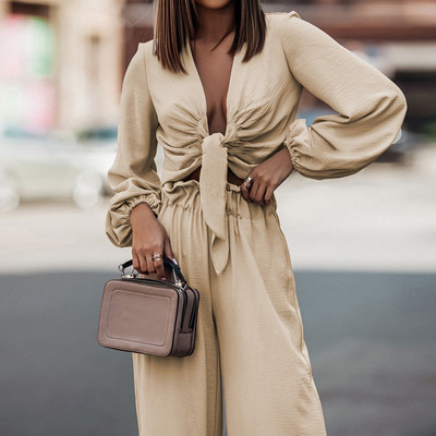 Elegantne lady Streetwear pikad püksid, kaheosaline komplekt naiste pluus ja laia säärega püksid, soliidne ülikond kevadsügis avar vaba vabaaja dressiülikond