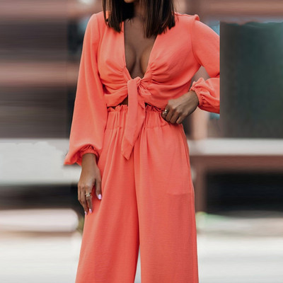 Elegantne lady Streetwear pikad püksid, kaheosaline komplekt naiste pluus ja laia säärega püksid, soliidne ülikond kevadsügis avar vaba vabaaja dressiülikond