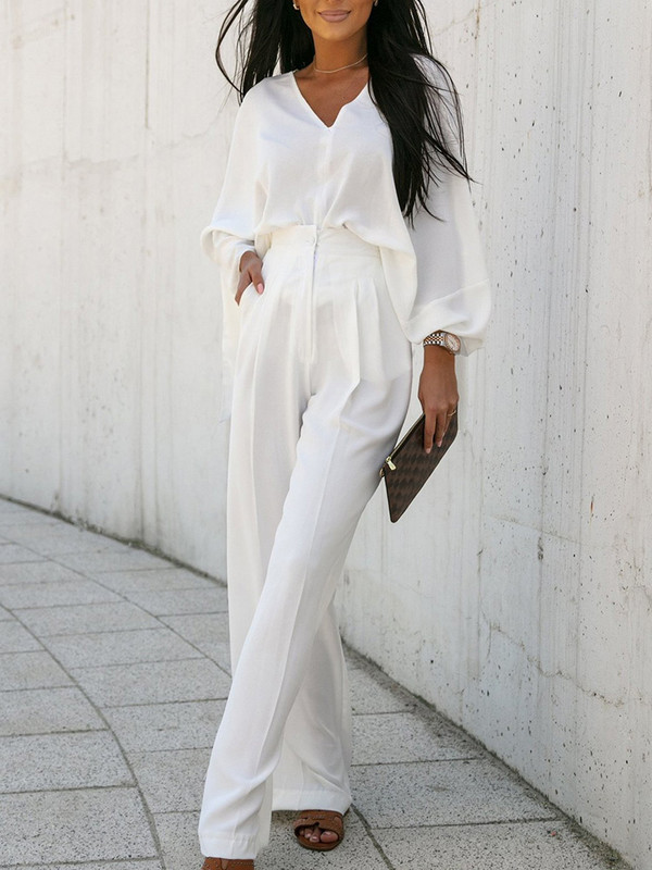 Elegantne lady Streetwear pikad püksid, kaheosaline komplekt naiste pluus ja laia säärega püksid, soliidne ülikond kevadsügis avar vaba vabaaja dressiülikond