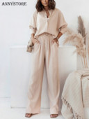 Ανοιξιάτικο καλοκαιρινό μπλε παντελόνι σετ για γυναικεία φορέματα γραφείου Κομψά πουκάμισα δύο τεμαχίων γυναικεία φόρμα κομψά φαρδιά παντελόνια αθλητική φόρμα