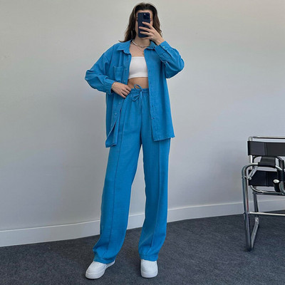 Soliidne naiste pidžaama, kaheosaline komplekt, pikkade varrukatega nööbiga särk, laia säärega püksid, magamisriided, kostüümid, komplektid naiste sportlikud ülikonnad