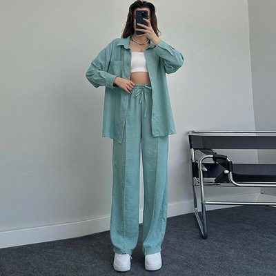 Soliidne naiste pidžaama, kaheosaline komplekt, pikkade varrukatega nööbiga särk, laia säärega püksid, magamisriided, kostüümid, komplektid naiste sportlikud ülikonnad