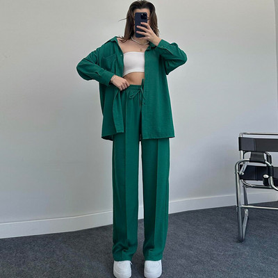 Soliidne naiste pidžaama, kaheosaline komplekt, pikkade varrukatega nööbiga särk, laia säärega püksid, magamisriided, kostüümid, komplektid naiste sportlikud ülikonnad