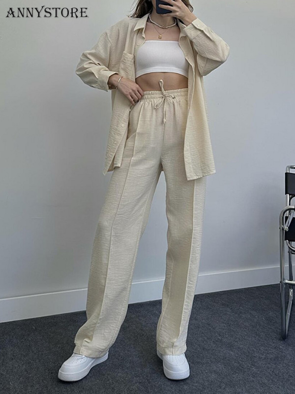 Soliidne naiste pidžaama, kaheosaline komplekt, pikkade varrukatega nööbiga särk, laia säärega püksid, magamisriided, kostüümid, komplektid naiste sportlikud ülikonnad