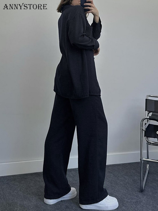 Soliidne naiste pidžaama, kaheosaline komplekt, pikkade varrukatega nööbiga särk, laia säärega püksid, magamisriided, kostüümid, komplektid naiste sportlikud ülikonnad