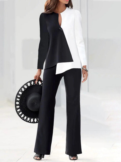 Ležerni ženski set dugih rukava s dugim rukavima i hlačama širokih nogavica, Ljeto Femme Office Lady Komplet odijela u korejskom stilu