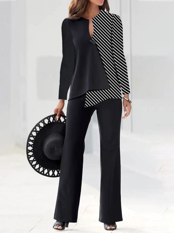 Ležerni ženski set dugih rukava s dugim rukavima i hlačama širokih nogavica, Ljeto Femme Office Lady Komplet odijela u korejskom stilu