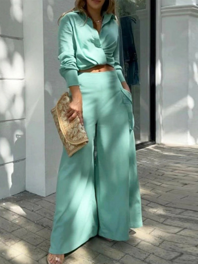 Košulja Duge hlače Odijela Komplet od 2 komada Ženska košulja dugih rukava Hlače širokih nogavica Ležerna bijela odjeća proljeće ljeto 2023 Novo